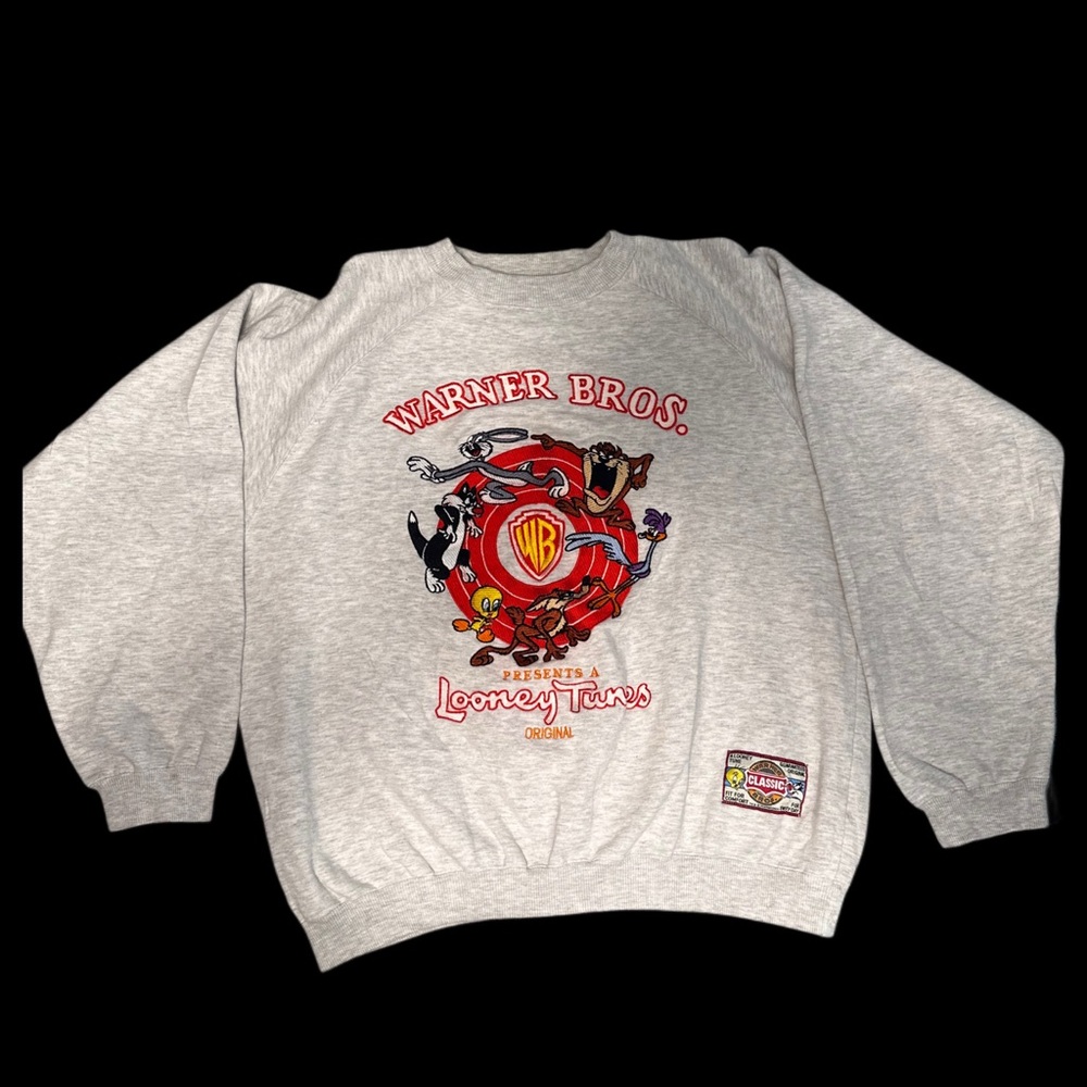 Vintage Looney Tunes PullOver Sweatshirt XL Grey Embroidered Taz Bugs Coyote
